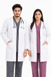 Clozzi ComfortWear Pro unisex white lab coat full front view male female grey mauve scrub Pakistan