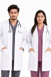 Clozzi ComfortWear Pro unisex white lab coat full front view male female grey mauve scrub Pakistan