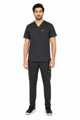 Clozzi men black clinical multi-pocket scrub set full front view v-neck top jogger pants Pakistan