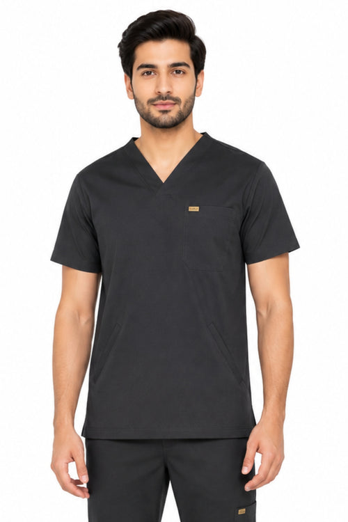 Clozzi men black clinical multi-pocket scrub set half front view v-neck scrub top Pakistan