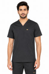 Clozzi men black clinical multi-pocket scrub set half front view v-neck scrub top Pakistan