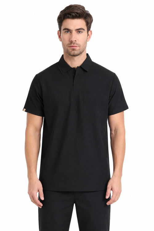 Clozzi men black physician executive collar scrub top front view chest pocket short sleeve Pakistan
