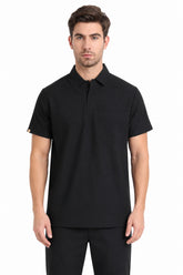 Clozzi men black physician executive collar scrub top front view chest pocket short sleeve Pakistan