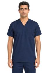 Clozzi men navy blue pediatric nurse scrub top half front view v-neck chest pocket Pakistan