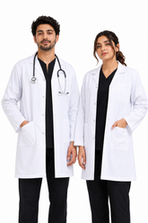 Clozzi unisex white clinical lab coat male female front view patch pocket snap button Pakistan