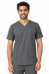 Clozzi grey CNS Specialist scrub top with V-neck and three utility pockets