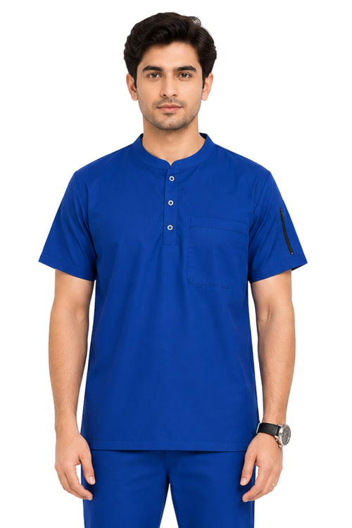 Clozzi men royal blue scrub top half front view mandarin collar shoulder zip chest pocket Pakistan
