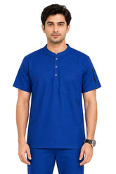 Clozzi men royal blue scrub top half front view mandarin collar shoulder zip chest pocket Pakistan