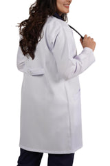 Clozzi women white lab coat back view long sleeve utility doctor coat with stethoscope Pakistan
