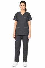 Pediatric Pro women’s scrub uniform front view with contrast piping and thigh pocket