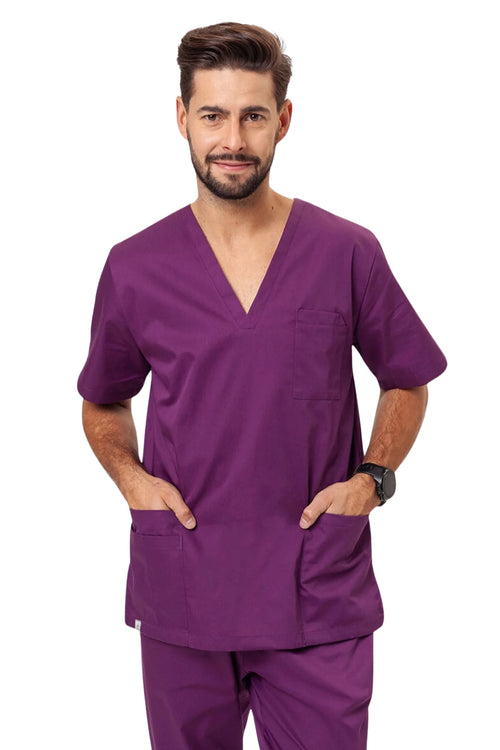 Clozzi men purple surgeon v-neck scrub top front view chest pocket waist pocket medical uniform Pakistan