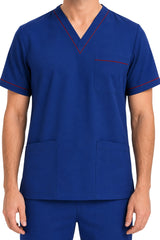 V-neck cardiologist scrub top with red piping and three front pockets
