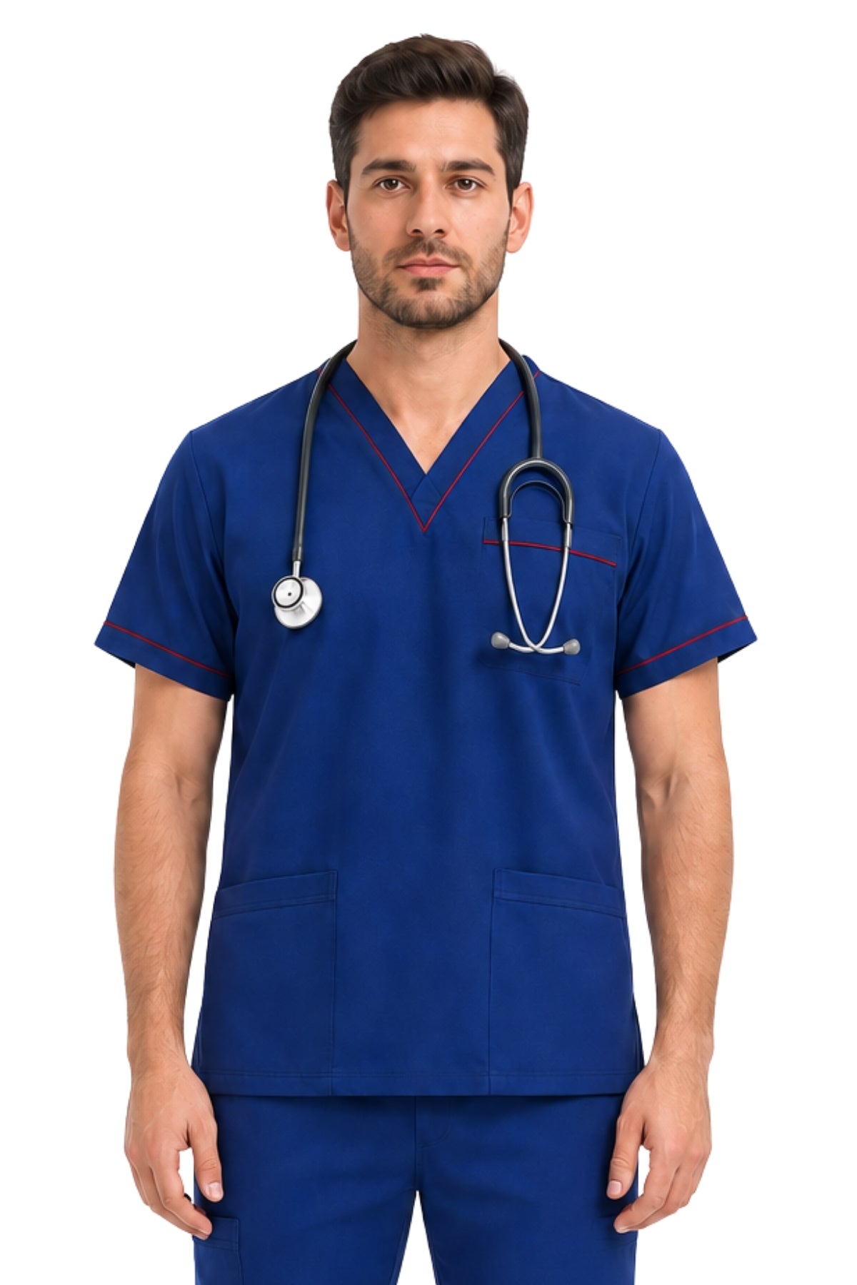 close front view of men’s medical scrubs highlighting contrast piping and utility pockets