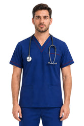 close front view of men’s medical scrubs highlighting contrast piping and utility pockets