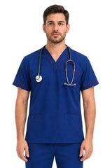 close front view of men’s medical scrubs highlighting contrast piping and utility pockets