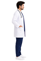 Clozzi men white doctor lab coat full side profile long sleeve lapel collar Pakistan