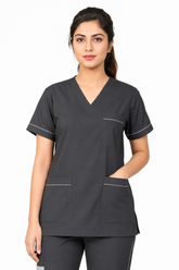 women’s V-neck scrub top highlighting white piping and three spacious pockets