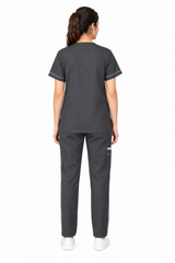 women’s black scrub set showing tailored back fit and straight-leg cargo trousers
