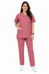 women’s rose pink cargo scrub uniform with V-neck top and straight-leg trousers