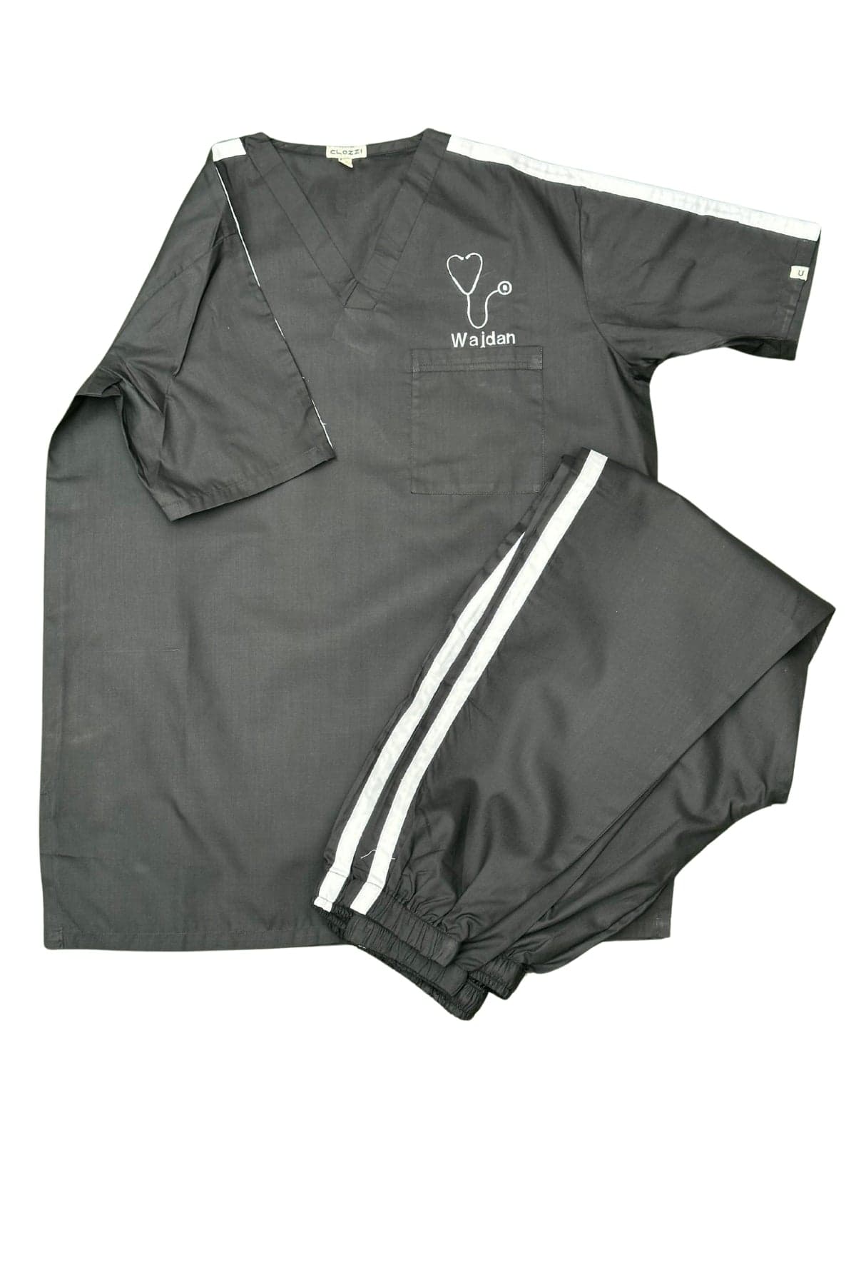 Black Scrub Set with White Stripes - Medium