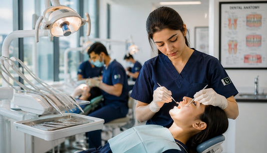 Pakistani BDS student in dental clinical setting, wearing well-fitted scrubs with appropriate dental-work styling