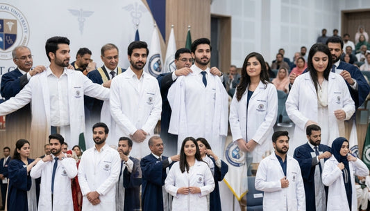 Pakistani MBBS class at white coat ceremony, properly fitted long lab coats with embroidery visible