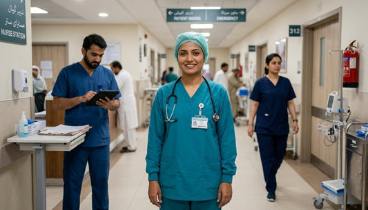 Pakistani nurses in professional scrubs on a hospital ward