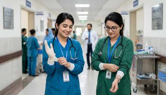 Two female doctors wearing medical scrubs in a Pakistani hospital — teal and surgical green scrub suits by Clozzi