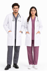 Clozzi ComfortWear Pro unisex white lab coat full front view male female grey mauve scrub Pakistan