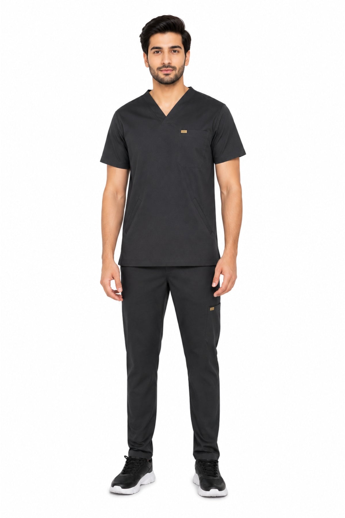Clozzi men black clinical multi-pocket scrub set full front view v-neck top jogger pants Pakistan