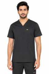 Clozzi men black clinical multi-pocket scrub set half front view v-neck scrub top Pakistan