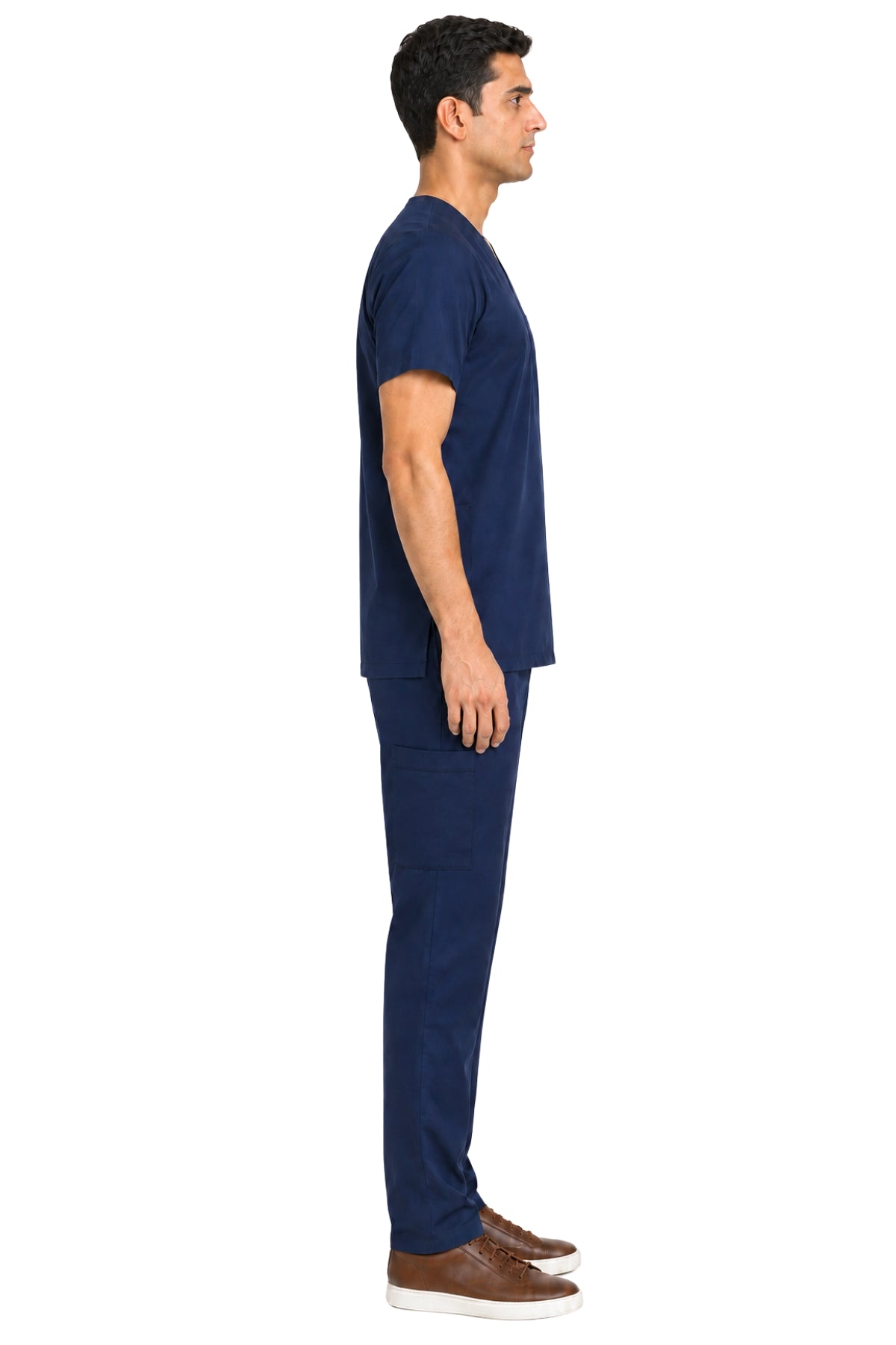 Clozzi men navy blue nurse scrub set full side view v-neck top straight scrub pants Pakistan