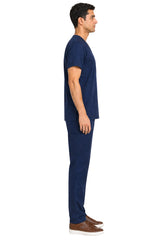Clozzi men navy blue nurse scrub set full side view v-neck top straight scrub pants Pakistan