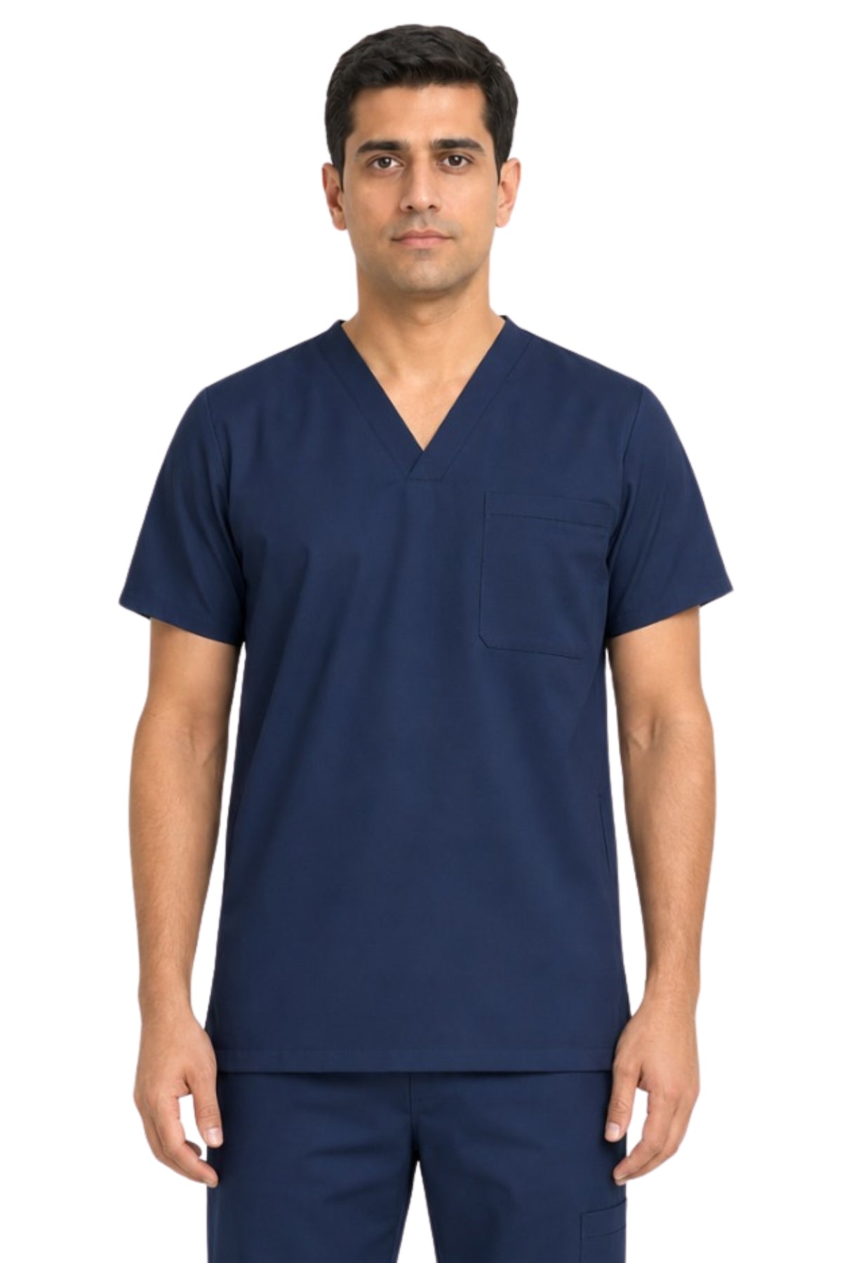 Clozzi men navy blue pediatric nurse scrub top half front view v-neck chest pocket Pakistan
