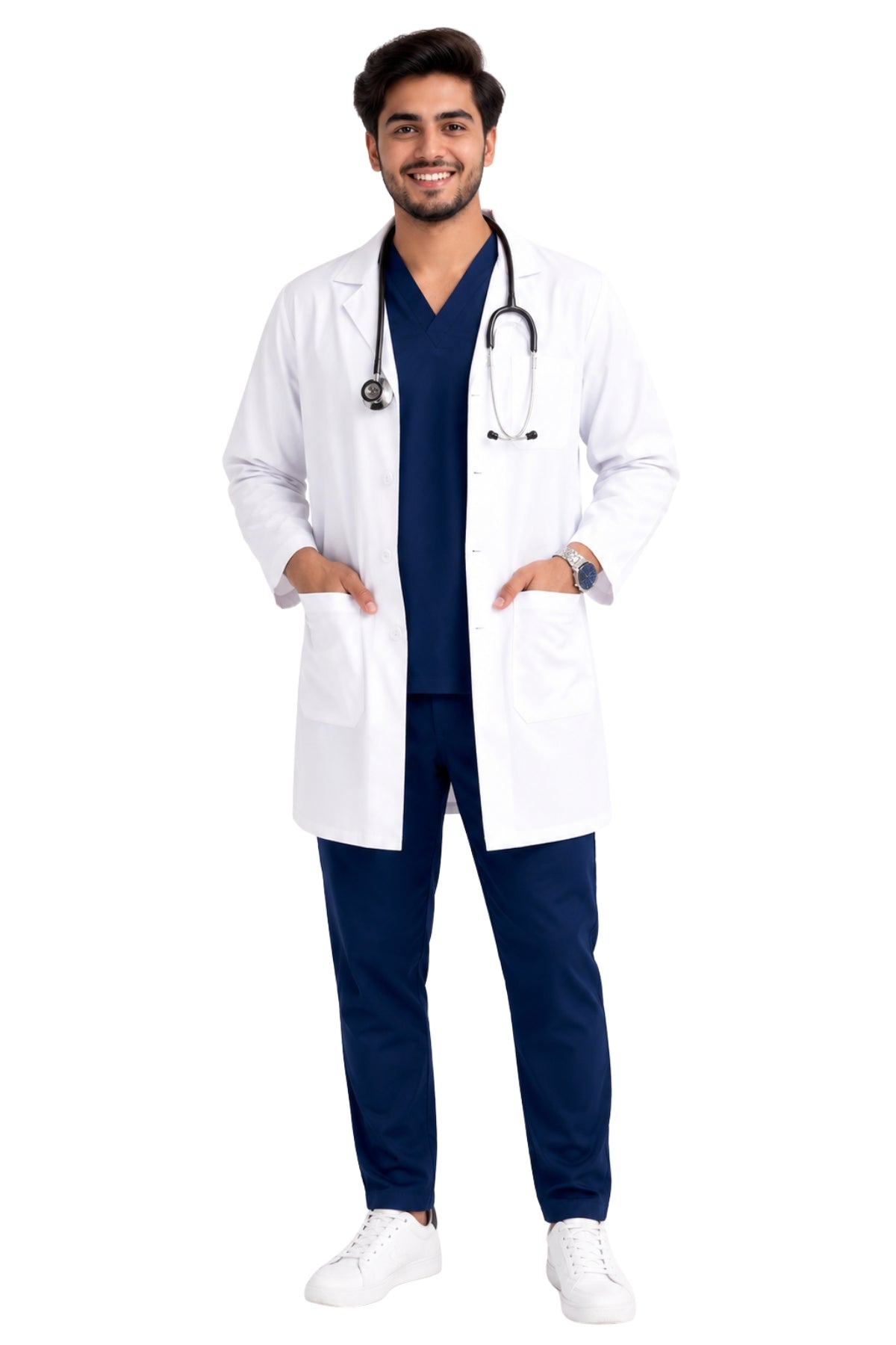 Clozzi men white doctor lab coat full front view button closure stethoscope Pakistan