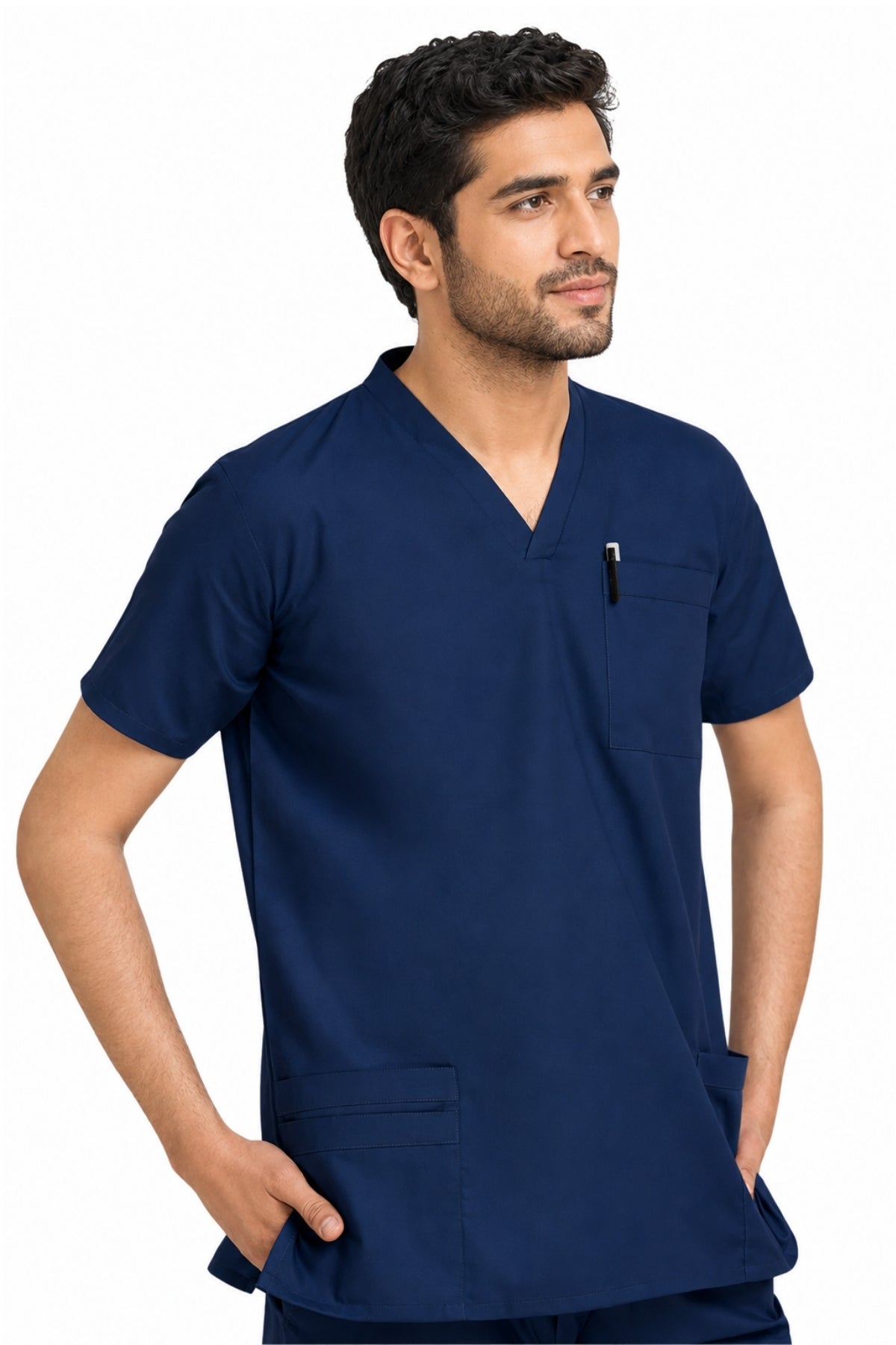 Clozzi navy blue Ortho-Pocket scrub top with chest and lower utility pockets