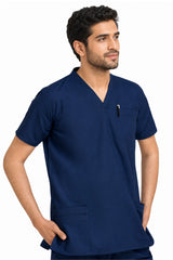 Clozzi navy blue Ortho-Pocket scrub top with chest and lower utility pockets