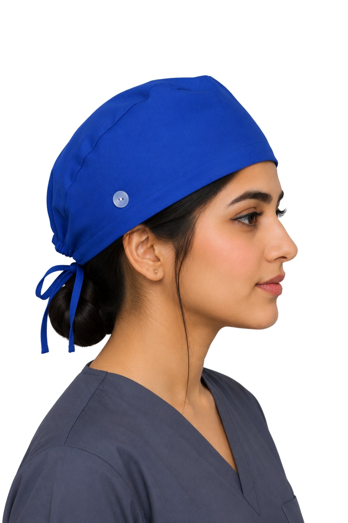 Clozzi royal blue unisex surgical scrub cap side view tie back button Pakistan