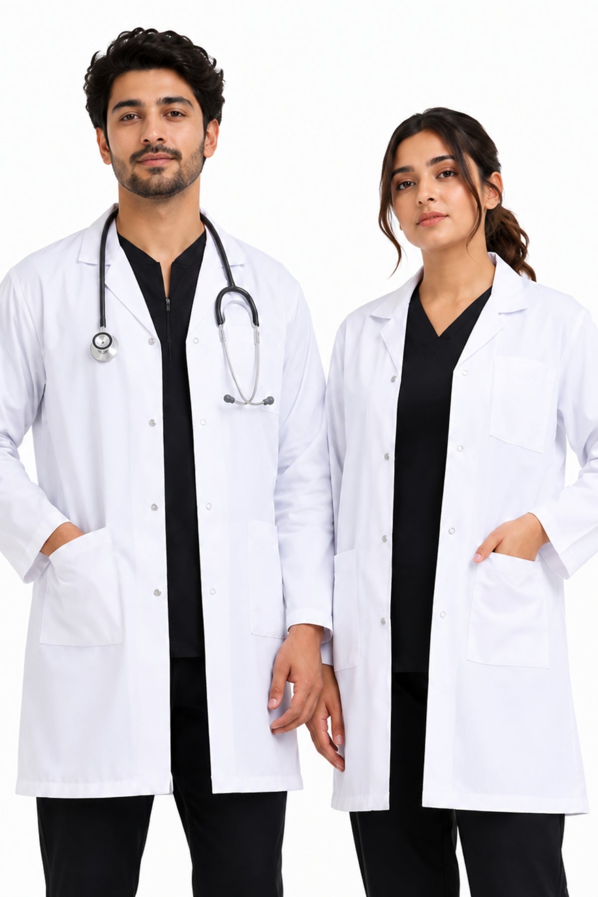 Clozzi unisex white clinical lab coat male female front view patch pocket snap button Pakistan
