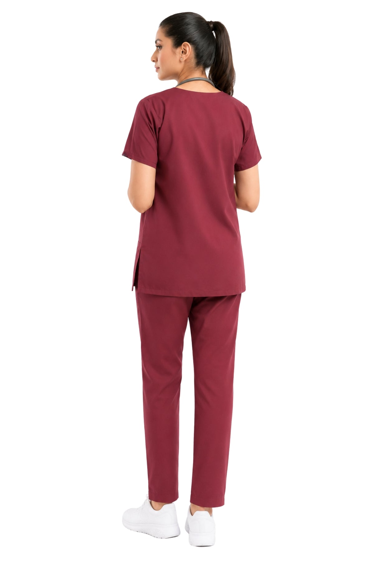 Clozzi women’s burgundy circular-neckline scrub set rear view