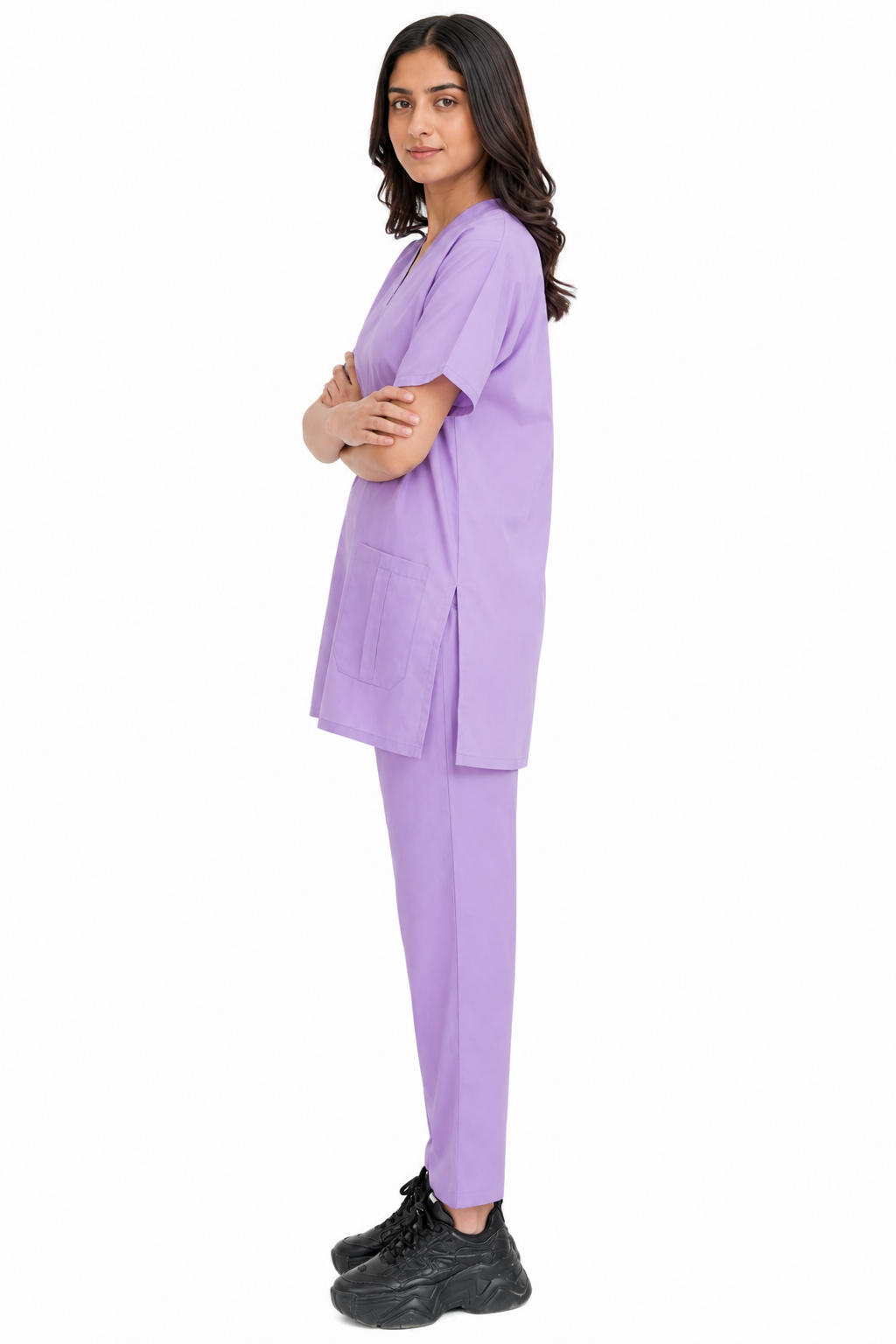 Clozzi women’s pleat-pocket scrub set left-side view