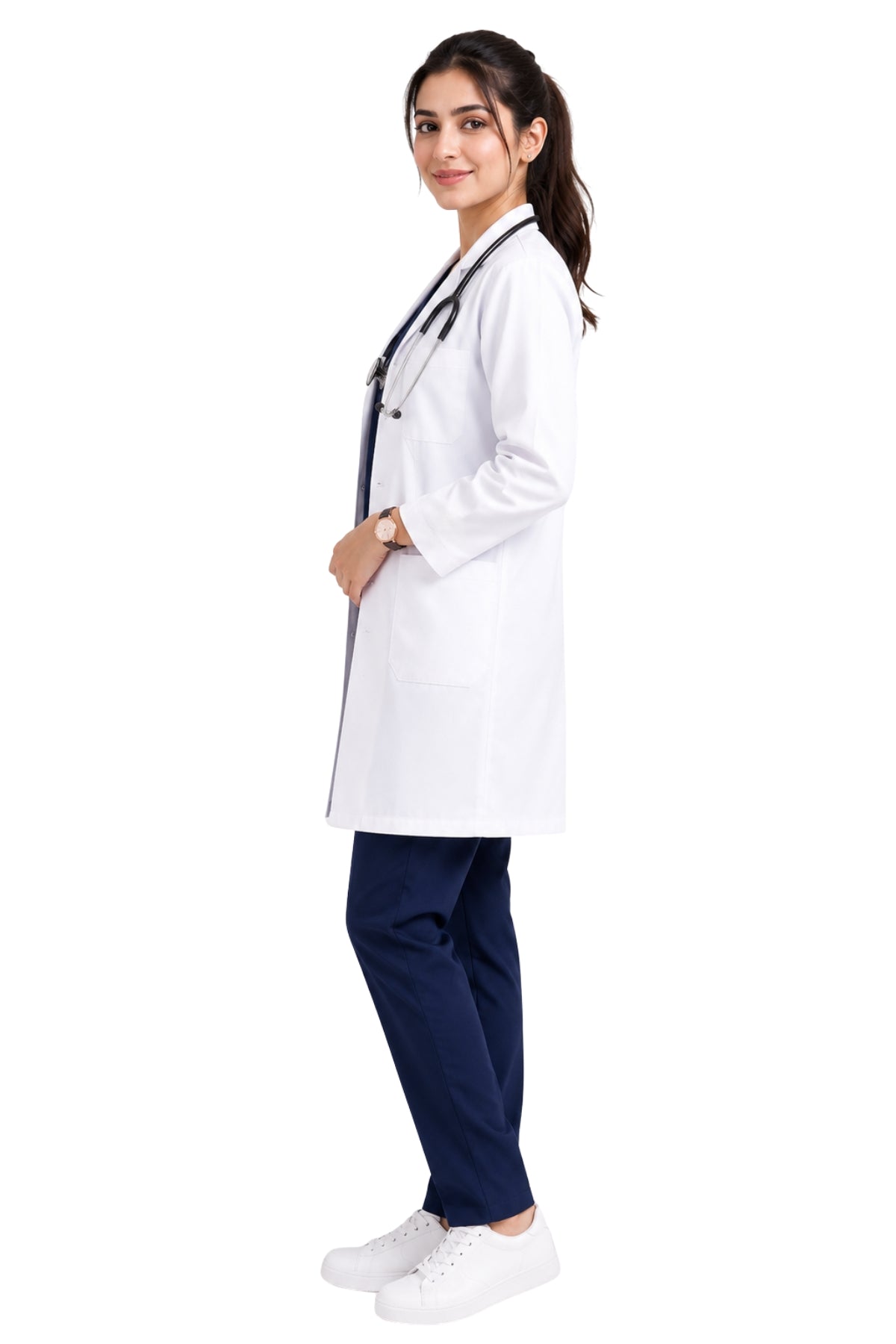 Clozzi women white lab coat side view relaxed fit patch pocket long sleeve Pakistan