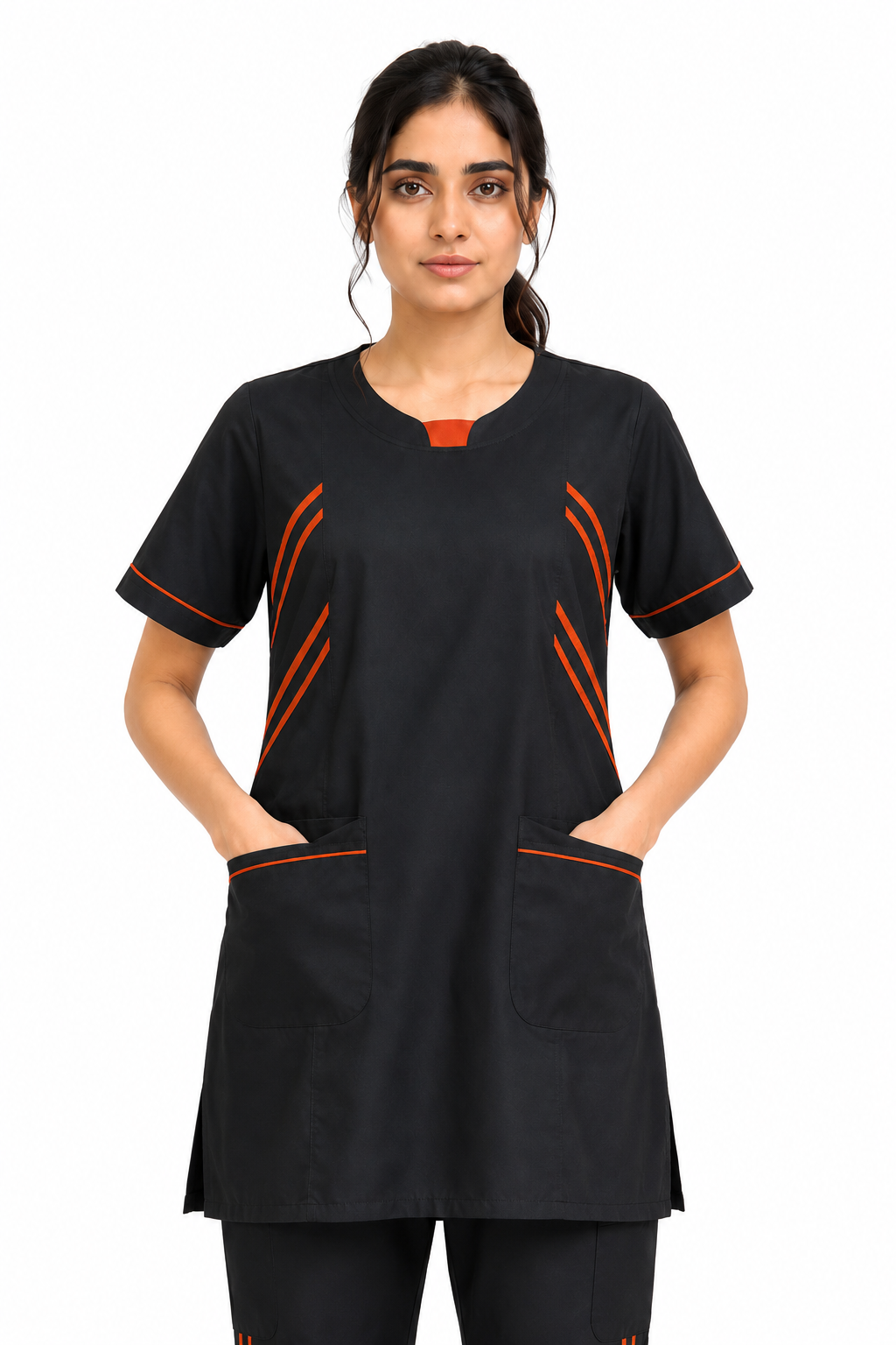 Clozzi black Striker-Edge ICU scrub top with orange detailing