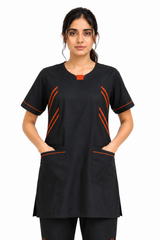 Clozzi black Striker-Edge ICU scrub top with orange detailing