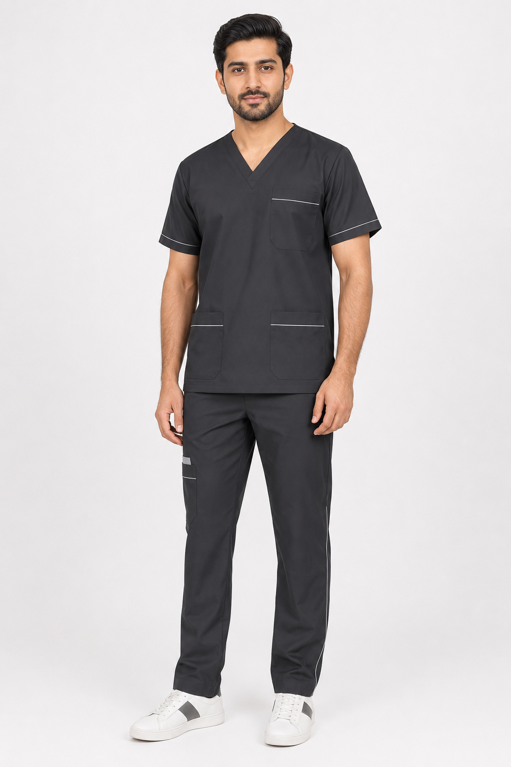 Clozzi men’s Pediatric Pro black piped scrub set with multiple utility pockets