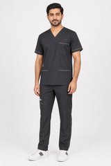 Clozzi men’s Pediatric Pro black piped scrub set with multiple utility pockets