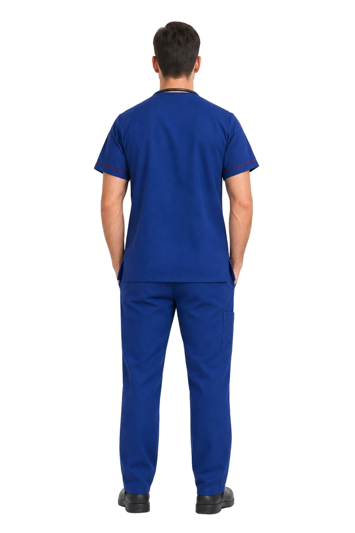 Clozzi men’s royal blue cardiologist scrub set full back view