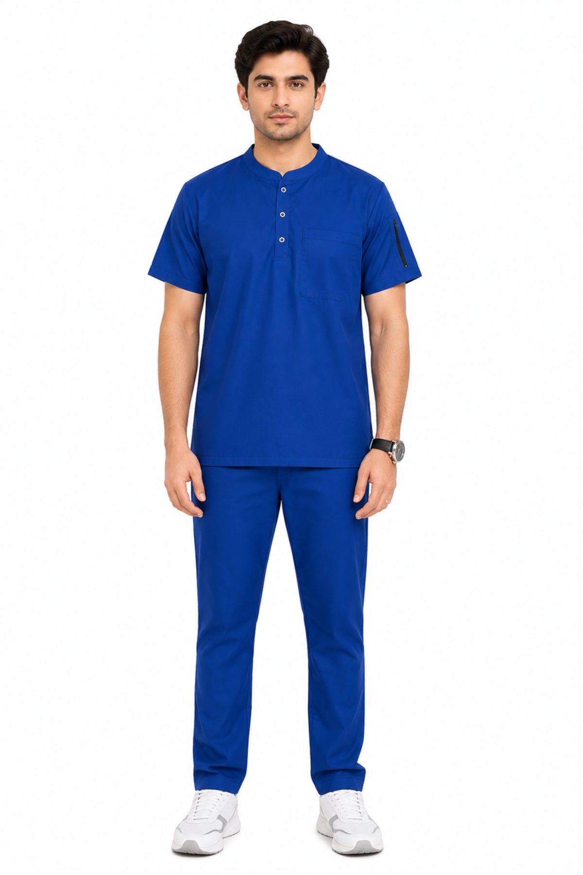 Clozzi men royal blue modern fit scrub set full front view mandarin collar shoulder zip Pakistan