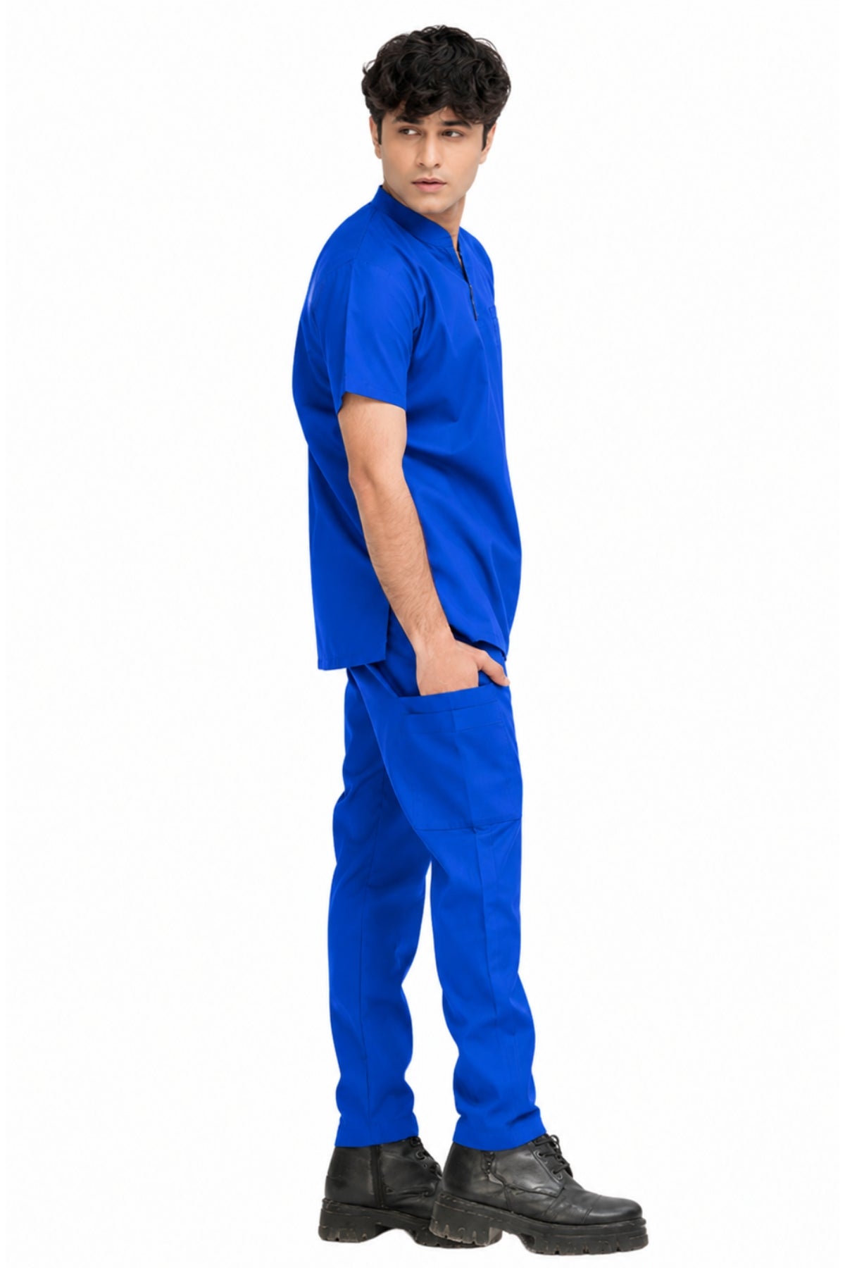 Clozzi men royal blue modern fit scrub set side view cargo pants shoulder zip top Pakistan