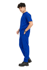 Clozzi men royal blue scrub set full side view shoulder zip cargo pocket straight pants Pakistan